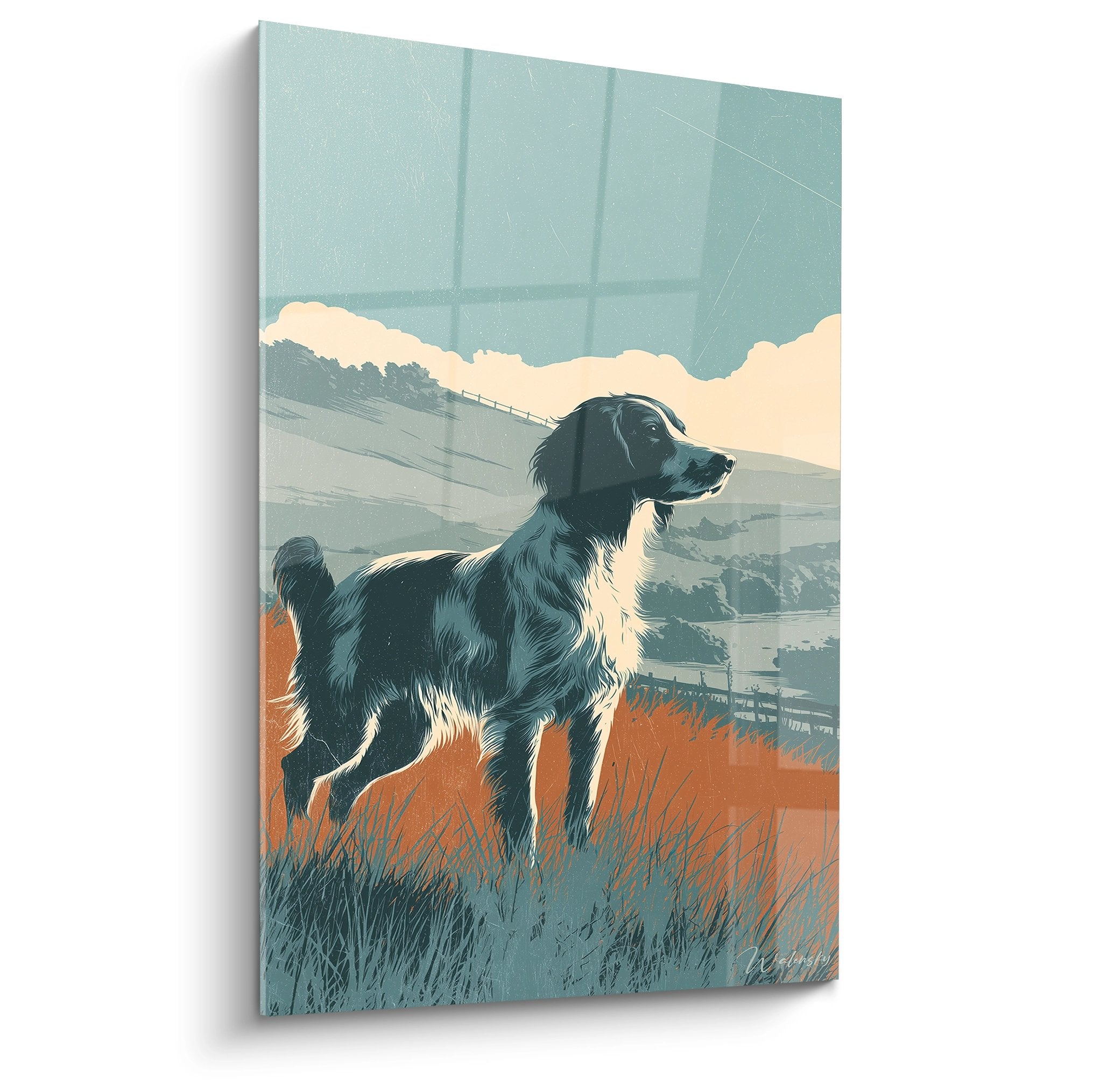 Tableau Epagneul Breton noir et blanc contemplant paysage automnal orange et bleu, art canin moderne