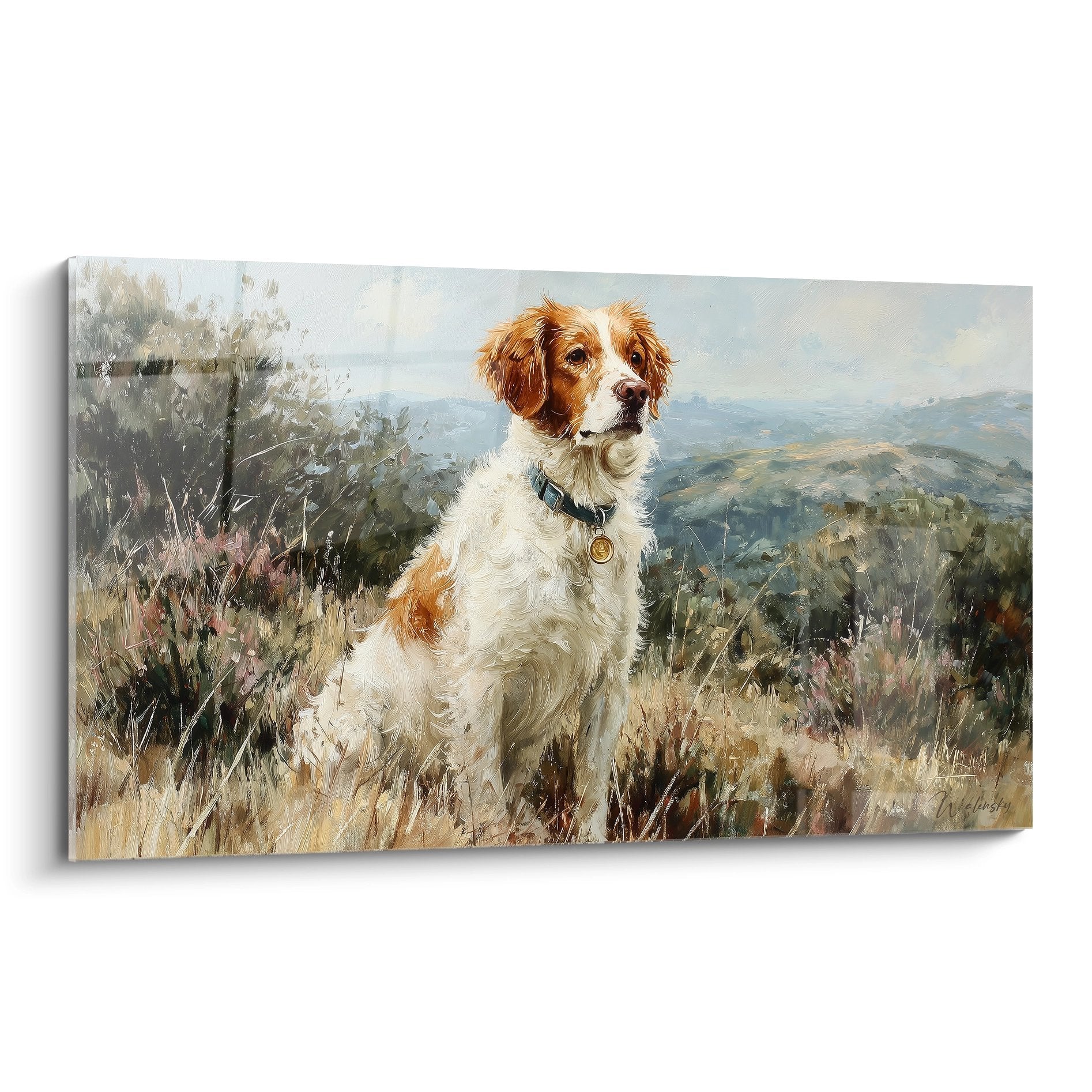 tableau epagneul breton roux blanc assis paysage landes champetre portrait chien chasse art animalier