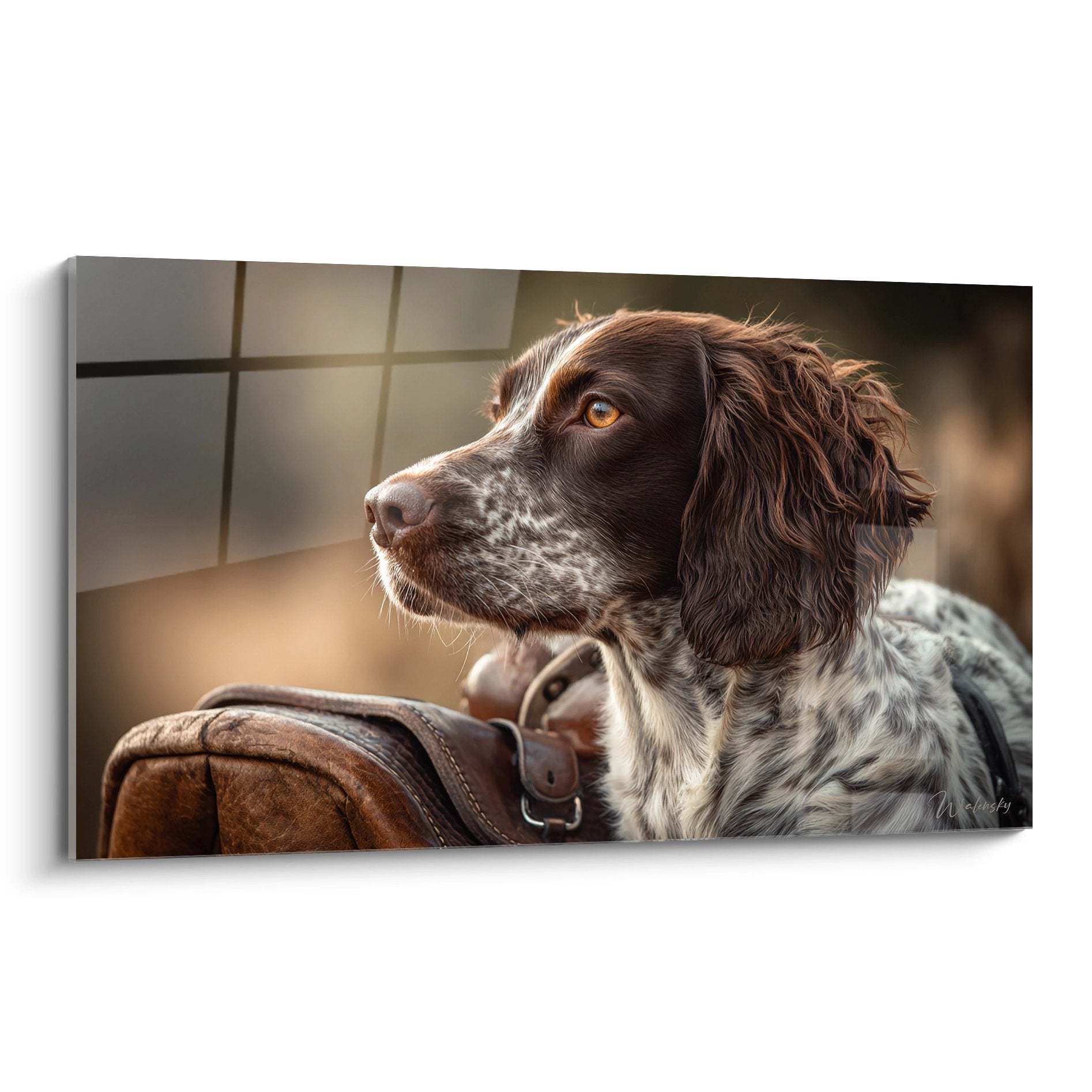 Portrait contemplatif d'Épagneul Breton au pelage chocolat et roux regardant par la fenêtre dans lumière dorée