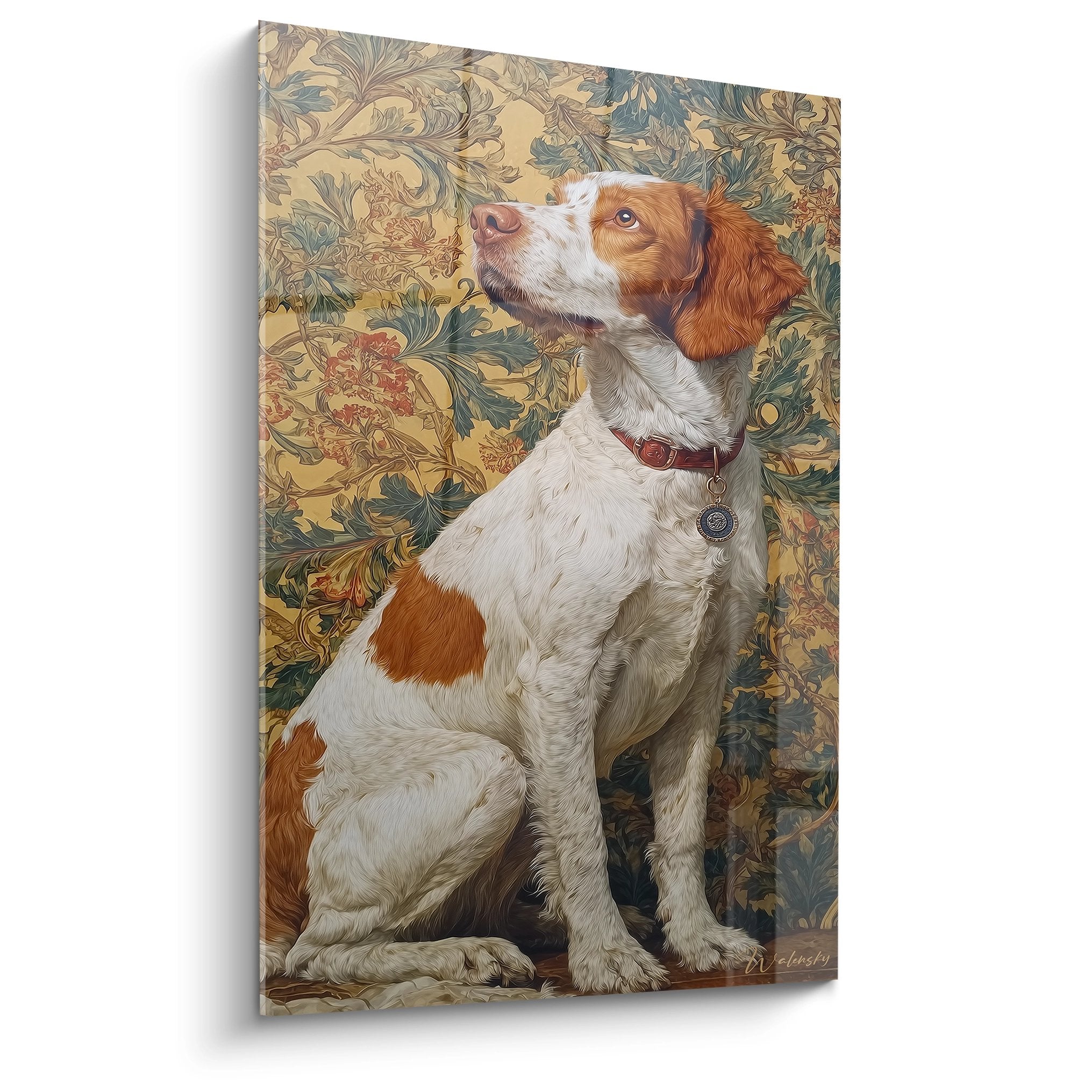 Portrait épagneul breton blanc et roux sur fond floral baroque doré, regard levé, style artistique noble