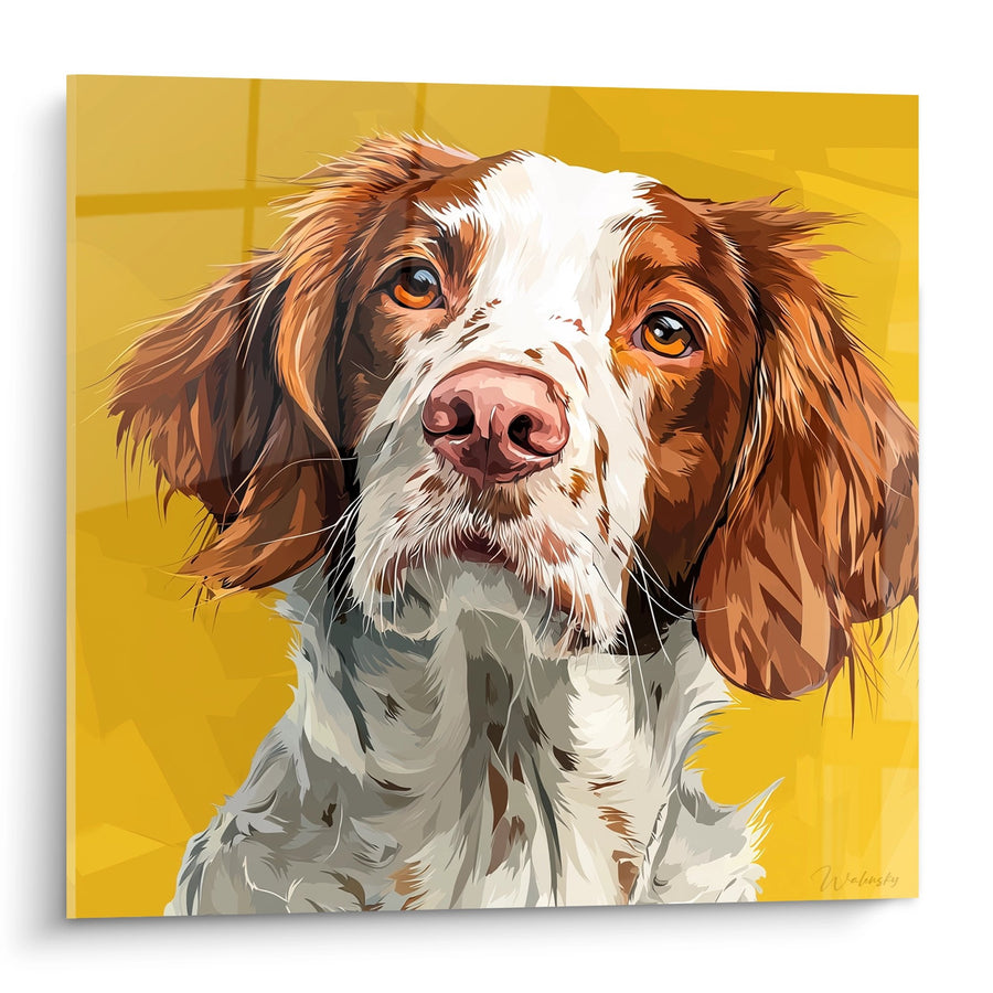 Cuadro de Perro Rojo y Blanco con Mirada Tierna sobre Fondo Amarillo Brillante - Retrato Cálido - Edición Braco Español