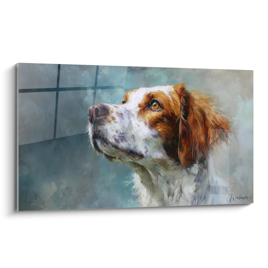 Schilderij van een Bretonse Spaniel met Opgetrokken Blik in Warme Tinten - Contemplatief Portret - Editie Bretonse Spaniel