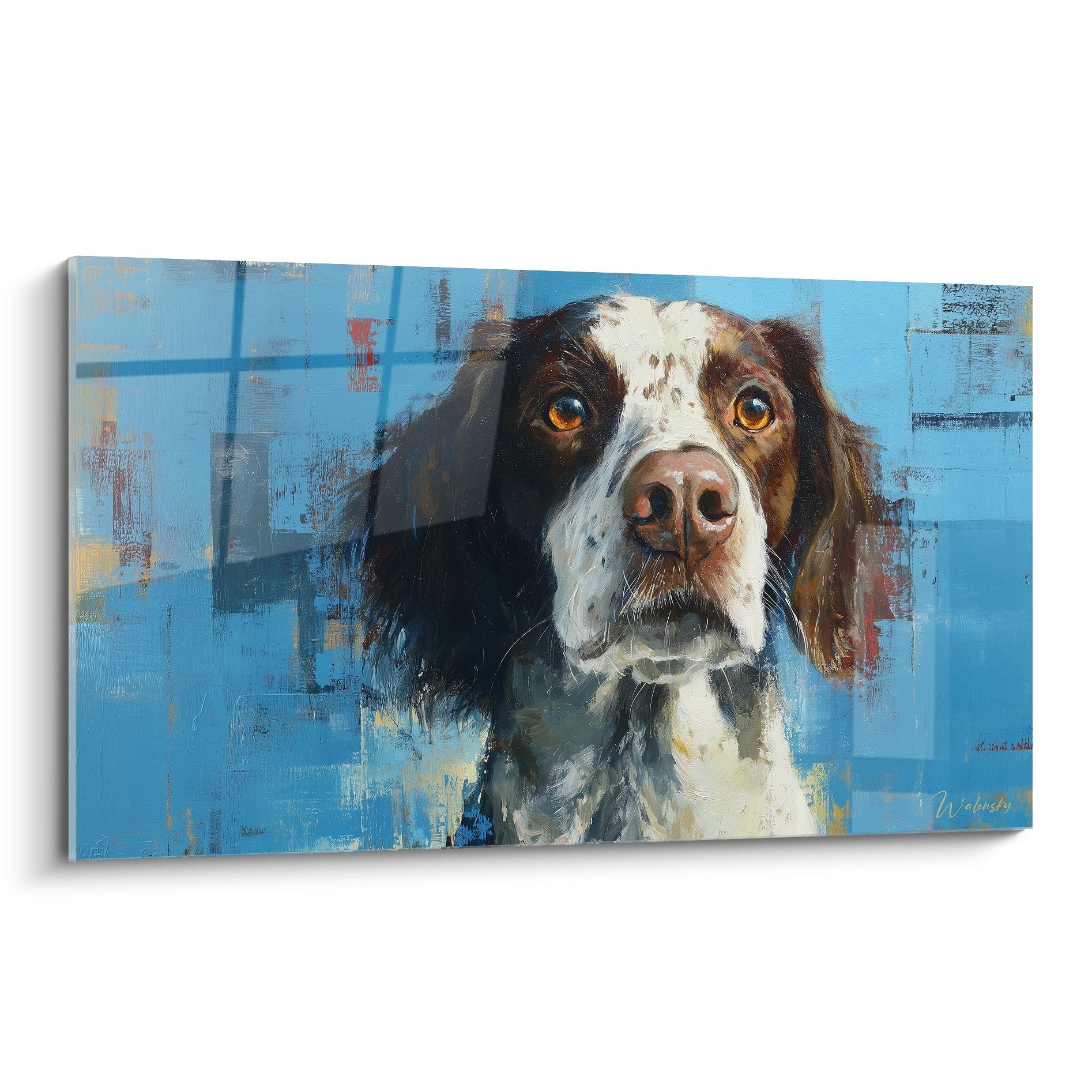 Tableau epagneul breton tricolore yeux dores fond bleu abstrait portrait chien expressif art canin moderne