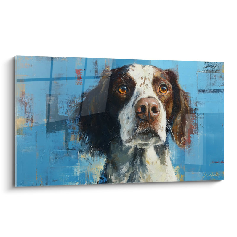 Gemälde Dreifarbiger Hund mit goldenen Augen auf abstraktem blauem Hintergrund - Intensiver Blick - Brittany Spaniel Edition