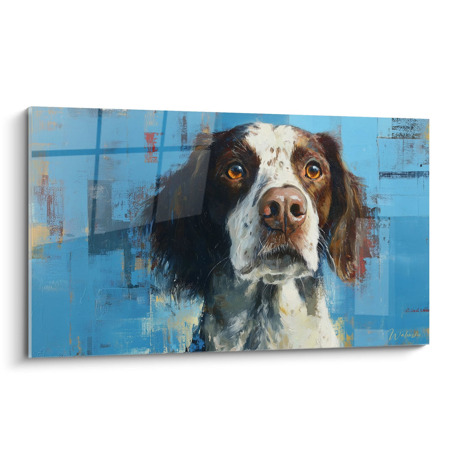 Schilderij Trui-Kleur Hond met Gouden Ogen op Abstracte Blauwe Achtergrond - Intense Blik - Editie Breton Spaniel
