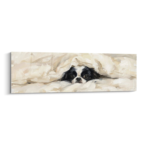 Cuadro de Spaniel Japonés Acurrucado Bajo una Manta Beige - Dulzura Matinal - Edición Spaniel Japonés