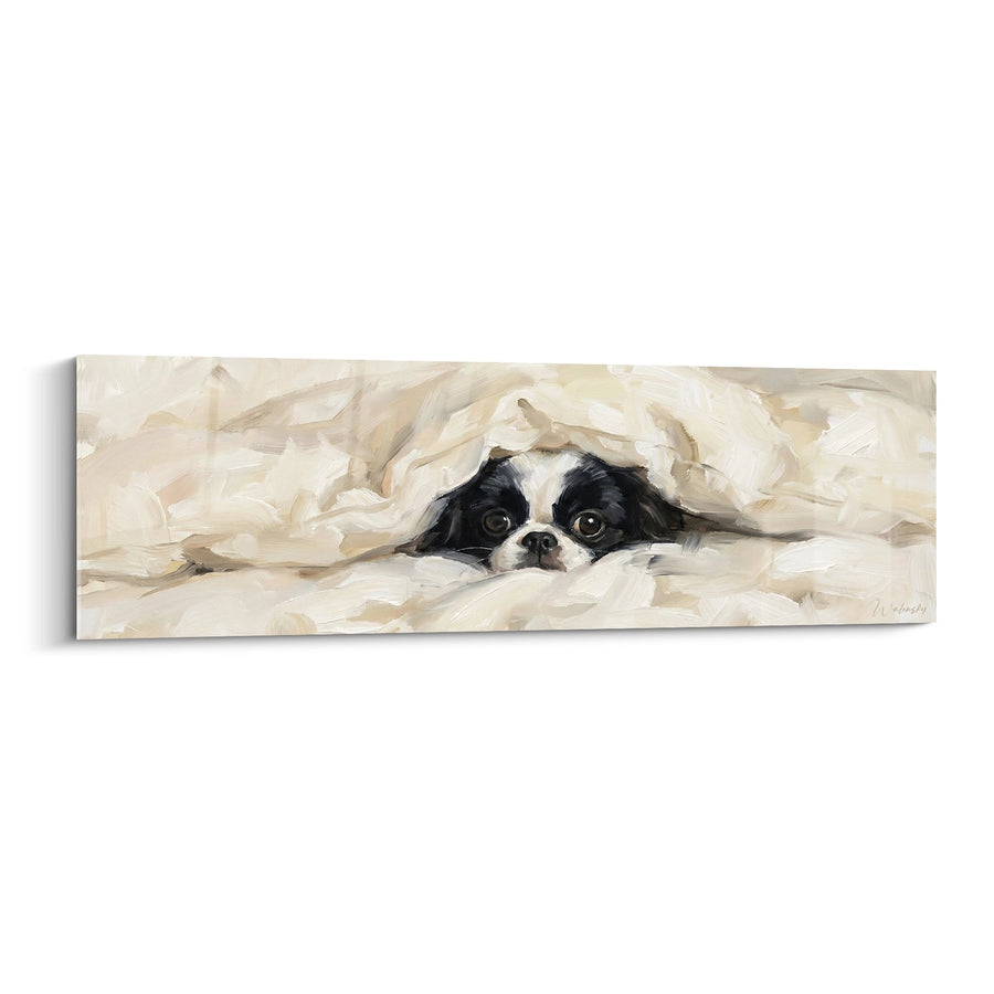 Schilderij Japanse Spaniel Knus onder een Beige Deken - Ochtendzachtheid - Editie Japanse Spaniel