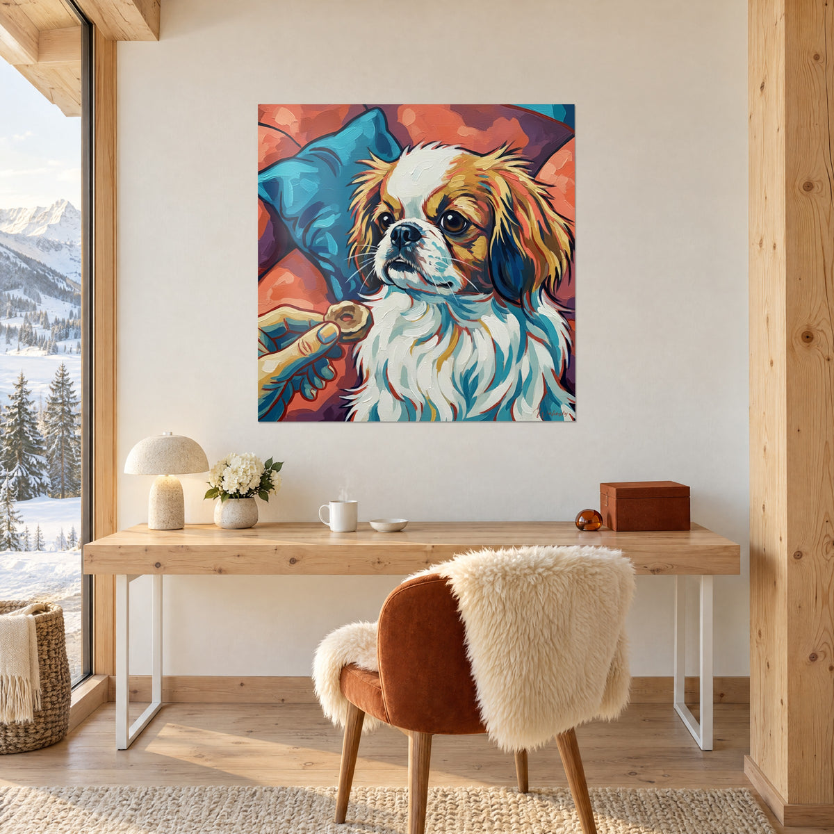Schilderij metgezel met lang wit, rood en goudkleurig haar, grote donkere ogen, zalmkleurige en blauwe achtergrond, boven een bureau van licht hout