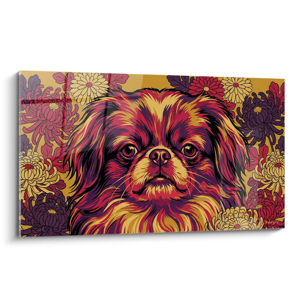 Cuadro de Spaniel Japonés con Tonos Dorados y Púrpura sobre Fondo Floral - Armonía Otoñal - Edición Spaniel Japonés
