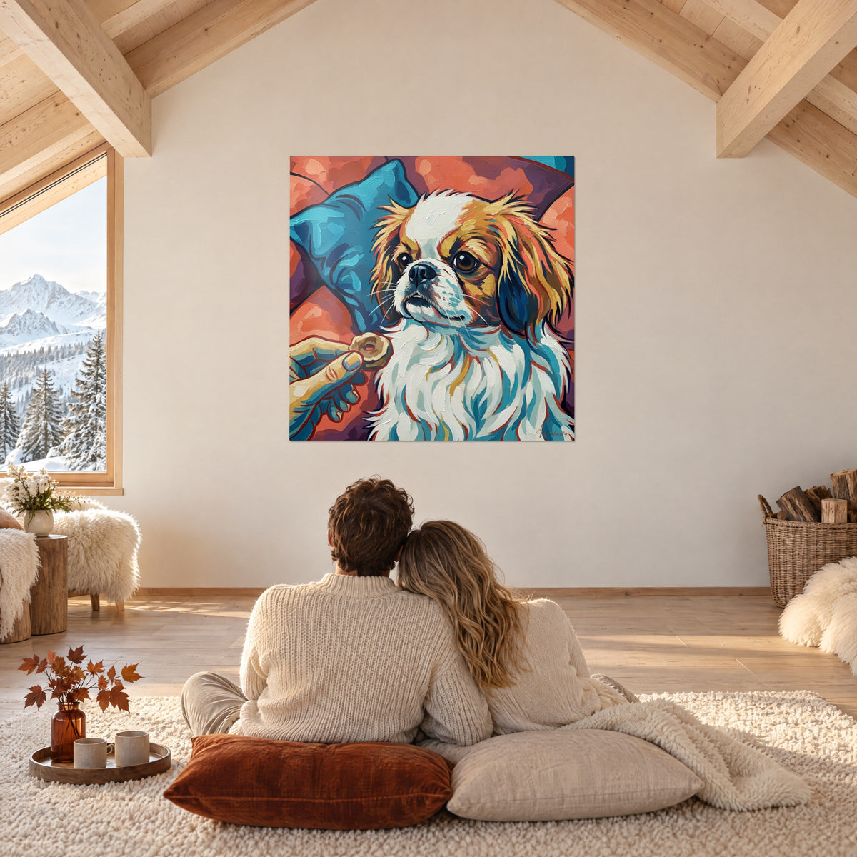 Schilderij hondenportret in dikke verf, ivoorkleurige en oranje vacht, turquoise kussen, tegenover een omhelsd koppel op kussens, chalet
