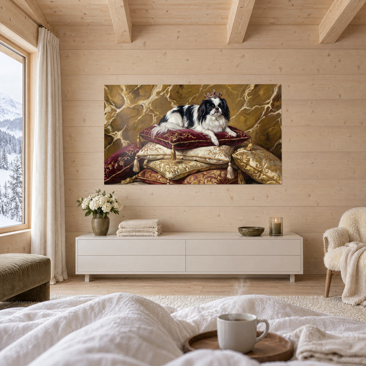 Schilderij Hondje met kroon bezet met robijnen, gouden kwasten en ivoorkleurig satijn op een amberkleurige marmeren achtergrond, boven een bed in een lichte slaapkamer