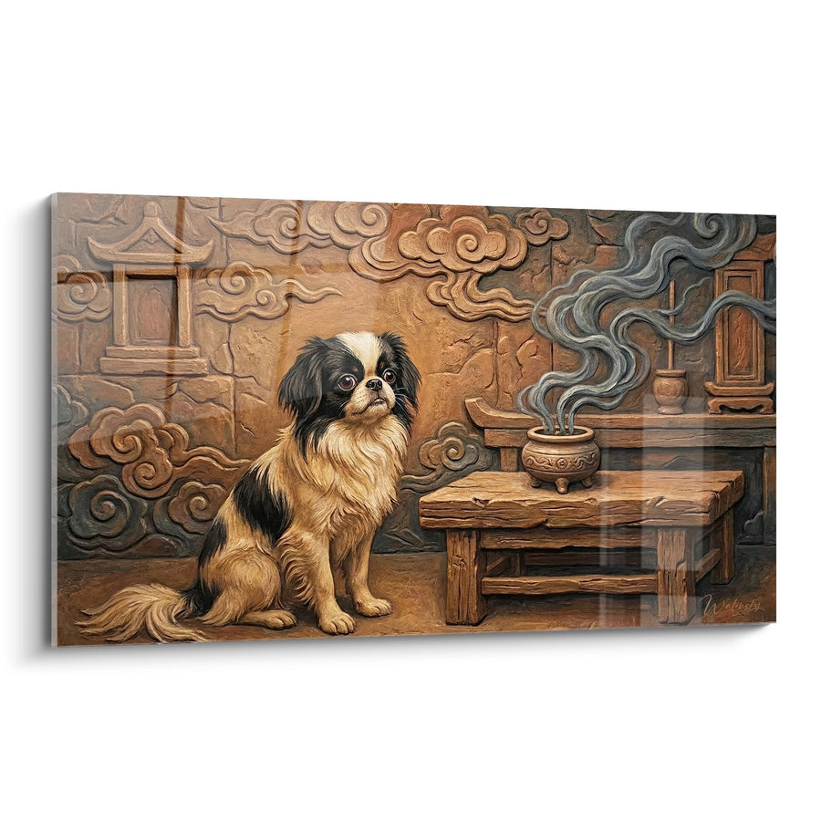 Tableau Chien aux Tons Dorés dans Décor Asiatique Sculpté - Sérénité Orientale - Edition Epagneul Japonais