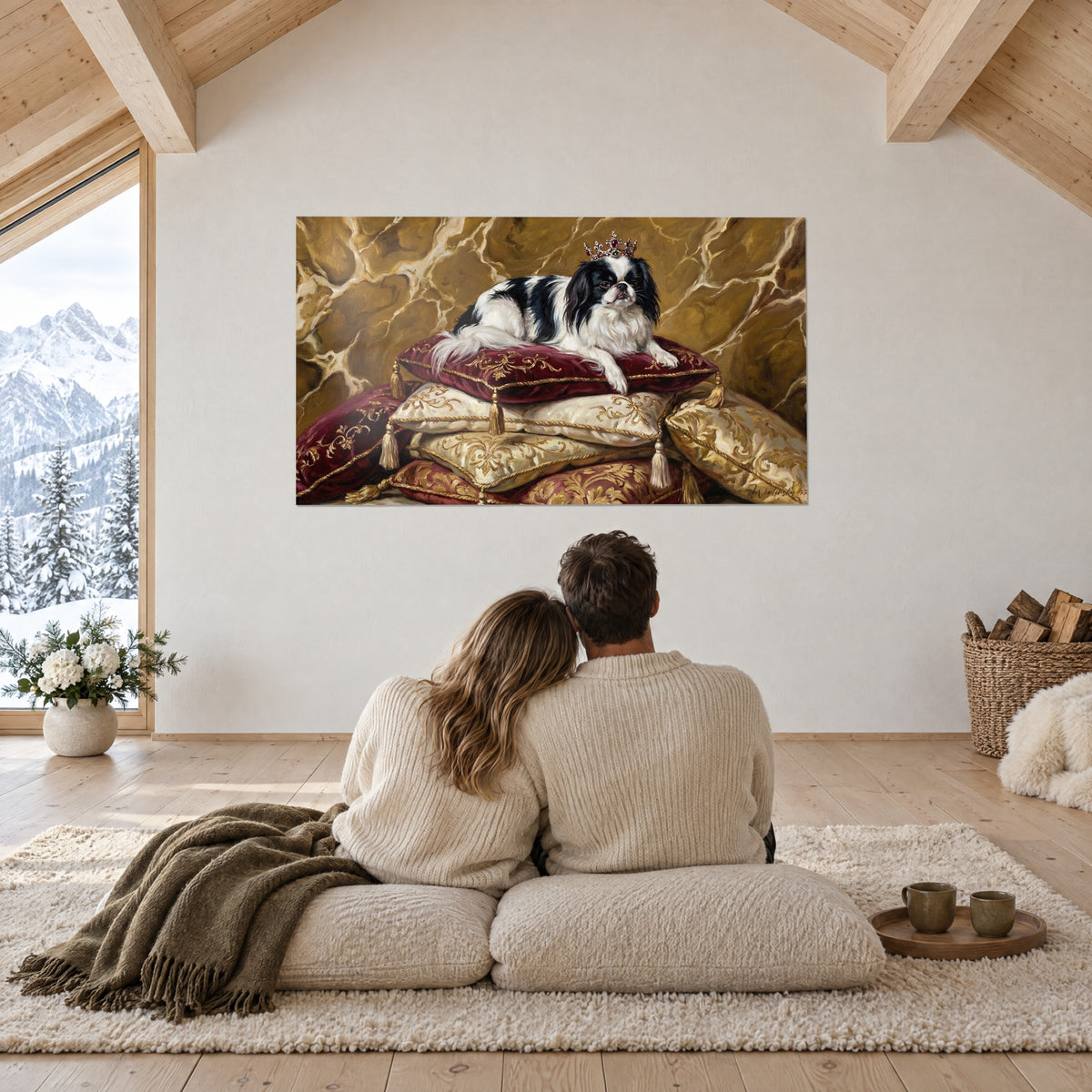 Schilderij Hofpuppy versierd met een diadeem, bordeaux- en crèmekleurige kussens met gouden kwasten, witte muur van een besneeuwd chalet, koppel van achteren