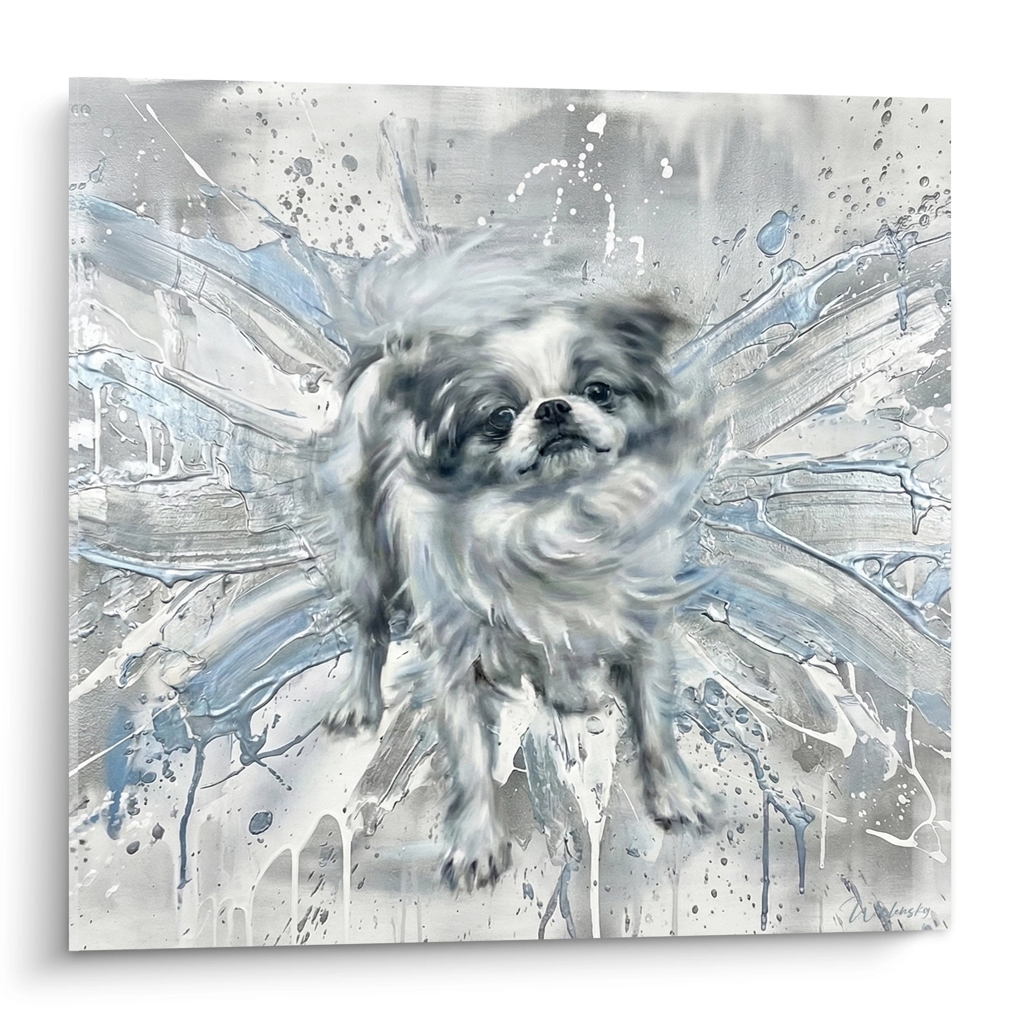 Tableau artistique epagneul japonais dans eclaboussures bleues et grises style aquarelle contemporaine