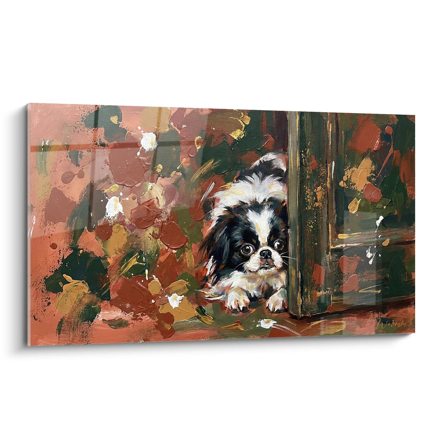 Schilderij Japanse Spaniel Zwart Wit Oprijzend uit een Raam op Achtergrond van Kleurige Spetters - Artistieke Nieuwsgierigheid - Editie Japanse Spaniel