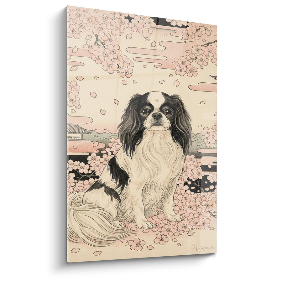 Tableau Chien aux Fleurs de Cerisier dans un Décor Japonais Rose et Beige - Sérénité Orientale - Edition Epagneul Japonais