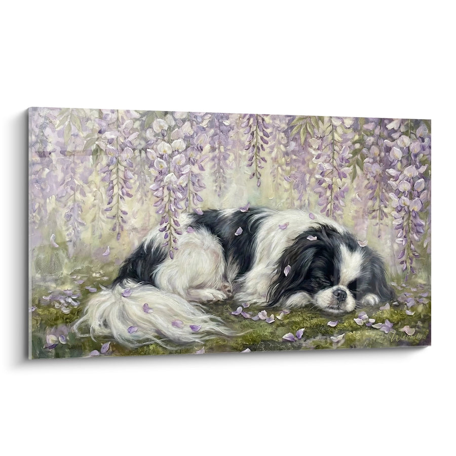Tableau Épagneul Japonais Endormi sous Glycines Violettes - Rêverie Florale - Edition Epagneul Japonais