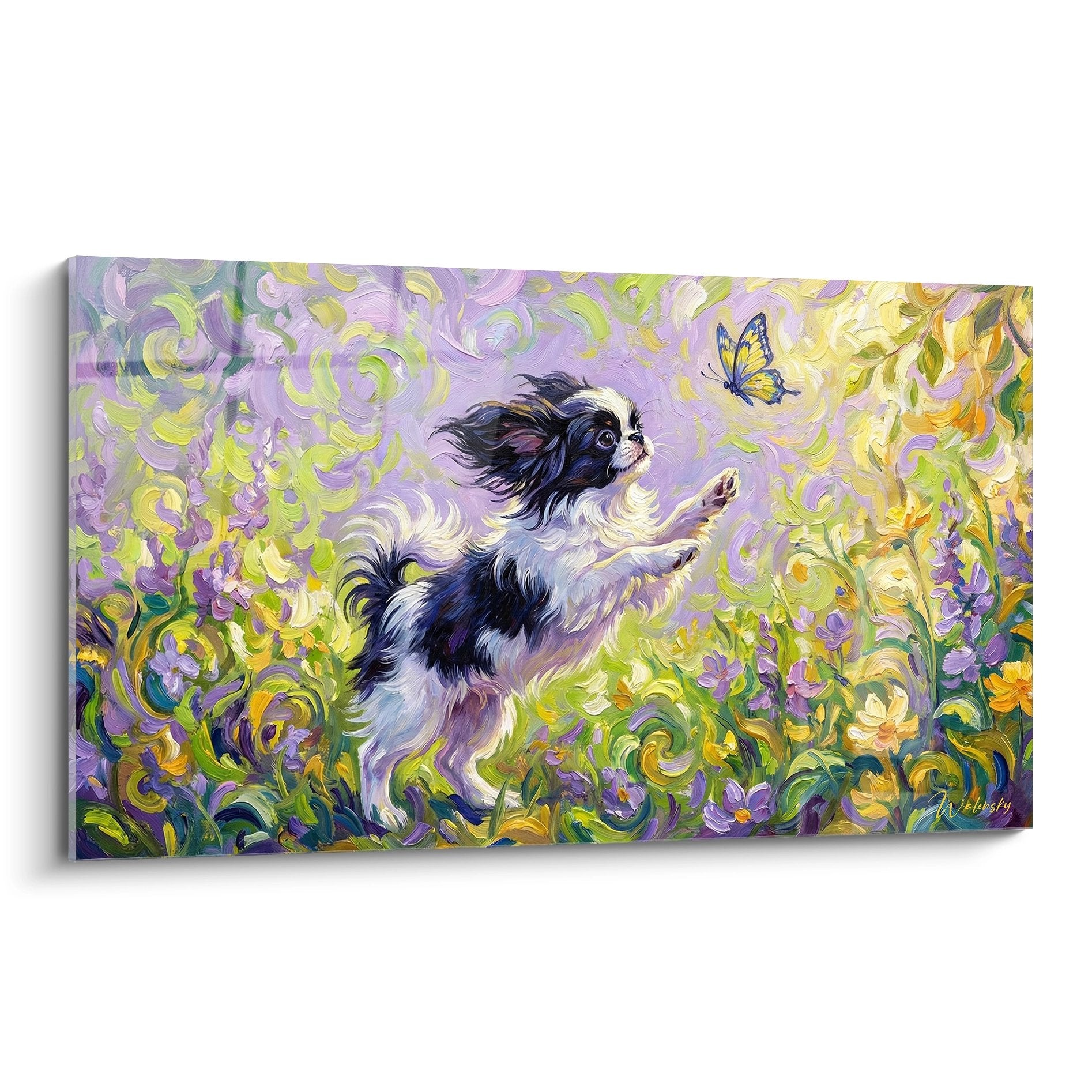 tableau epagneul japonais sautant vers papillon bleu dans jardin fleuri violet et vert style impressionniste