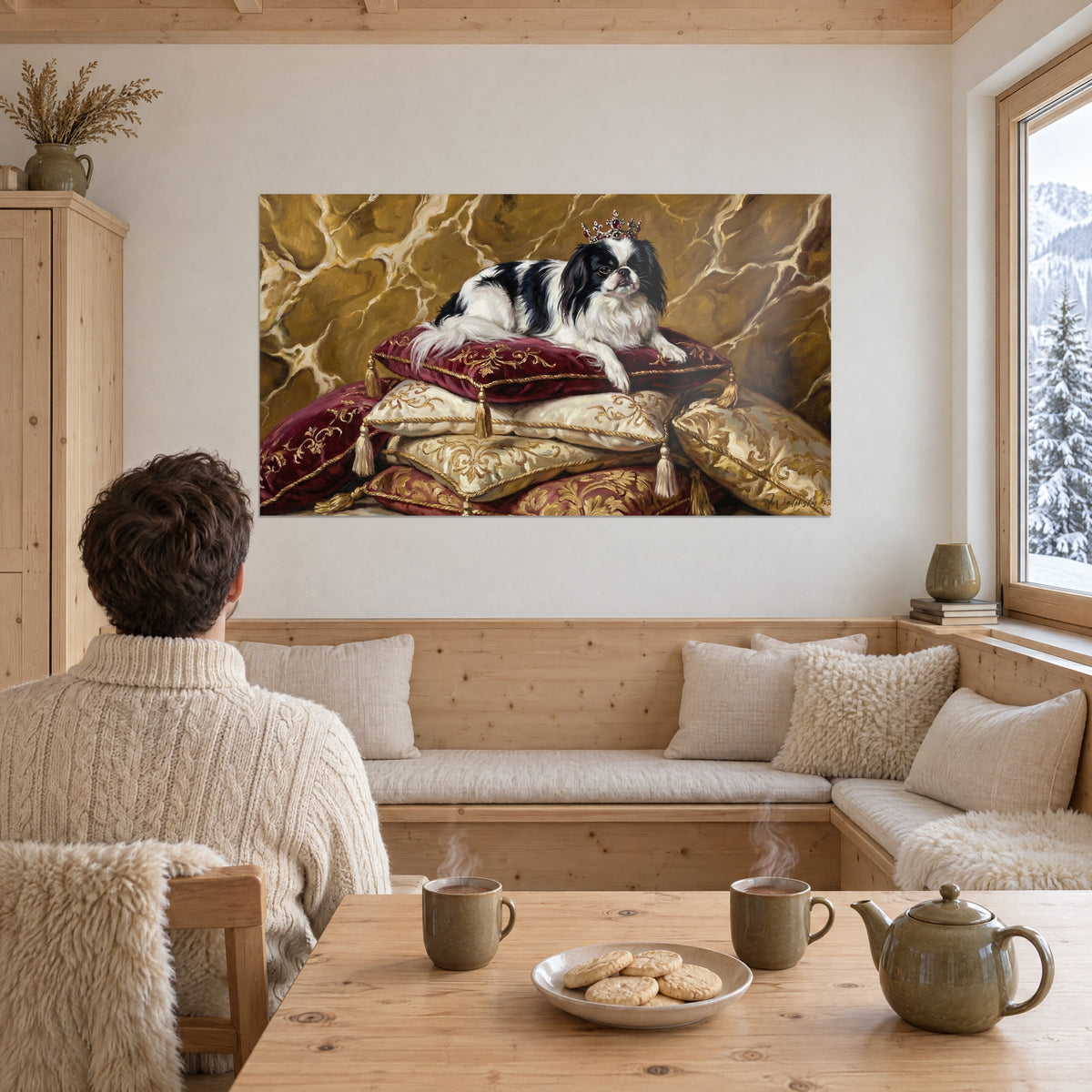 Schilderij Canine soeverein die op een stapel geborduurde kussens troont, zwart-witte vacht, gouden muren, woekhoek van een berghut
