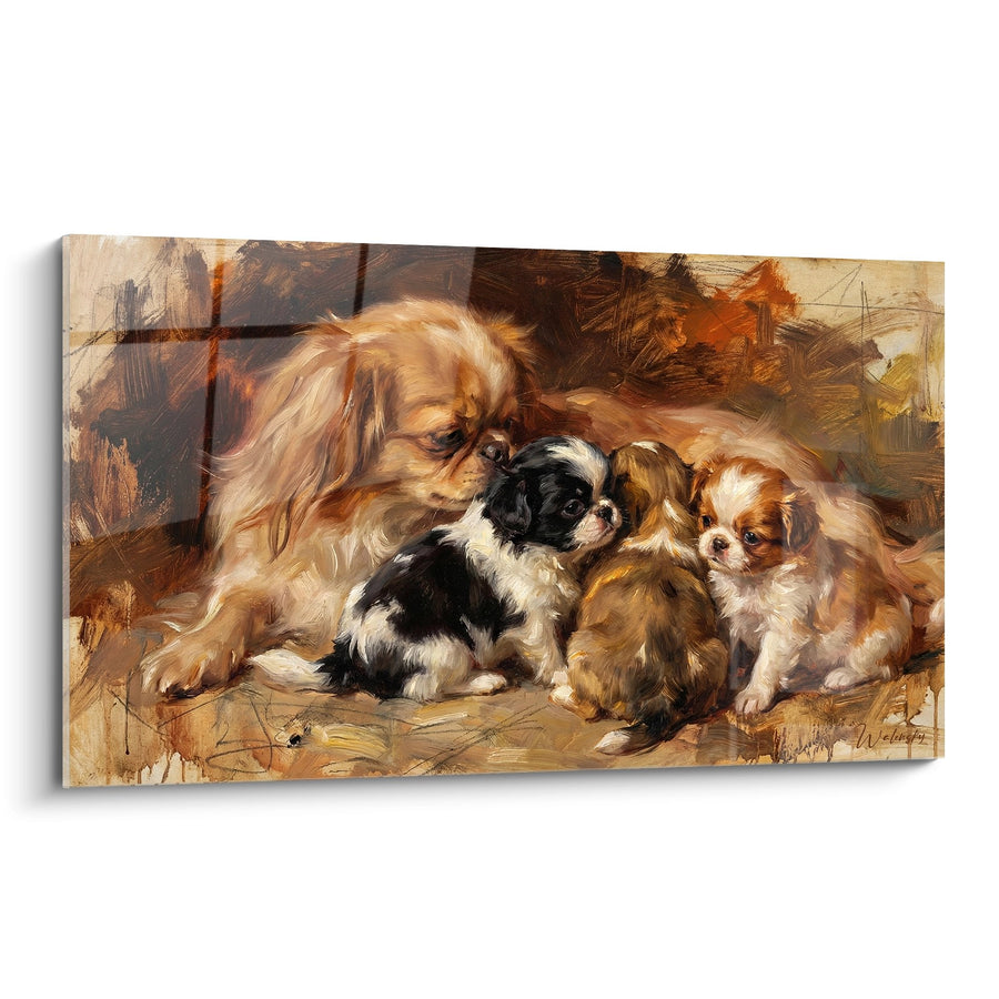 Tableau Mère et Chiots aux Tons Dorés - Tendresse Familiale - Edition Epagneul Japonais