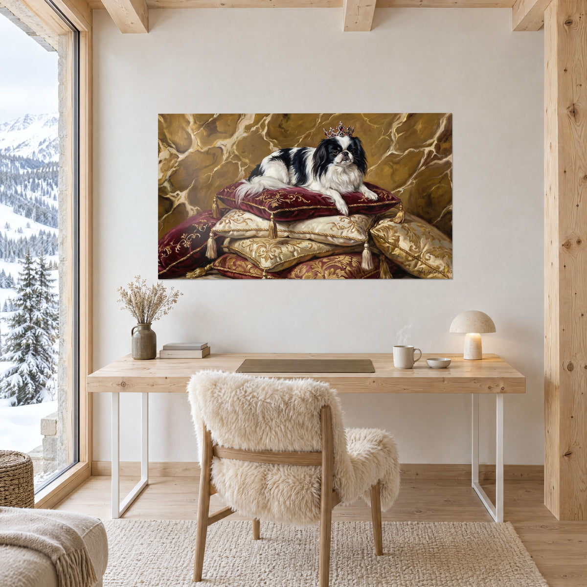 Schilderij Portret van een edele gekroonde spaniël, paars fluweel en goud, tegenover een bureau van licht hout