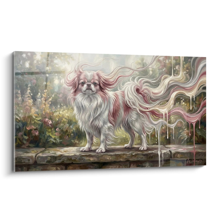 Schilderij Vloeiend Vacht in Roze en Witte Tinten - Pastel Melodie - Editie Japanse Spaniel