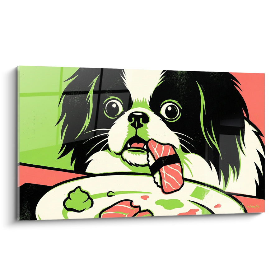 Schilderij Zwarte en witte hond die eet in zijn voerbak, pop art stijl met kleurrijke maaltijd - Heerlijk Maal – Editie Japanse Spaniel