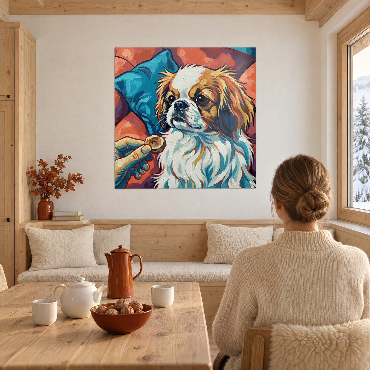 Schilderij hondje met rode en witte manen, hand naar hem uitgestrekt, turquoise en paarse penseelstreken, in een chalet-woonkamer