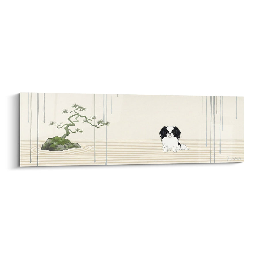 Tableau Epagneul Japonais noir et blanc dans jardin zen avec bonsaï - Sérénité Orientale - Edition Epagneul Japonais