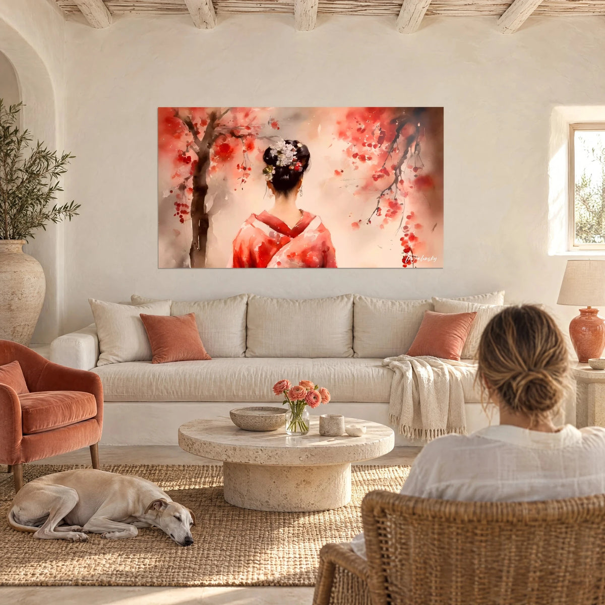 Wall art geisha seen from behind in a red kimono under carmine cherry trees, peach background, watercolor, above a sofa in a bright living room