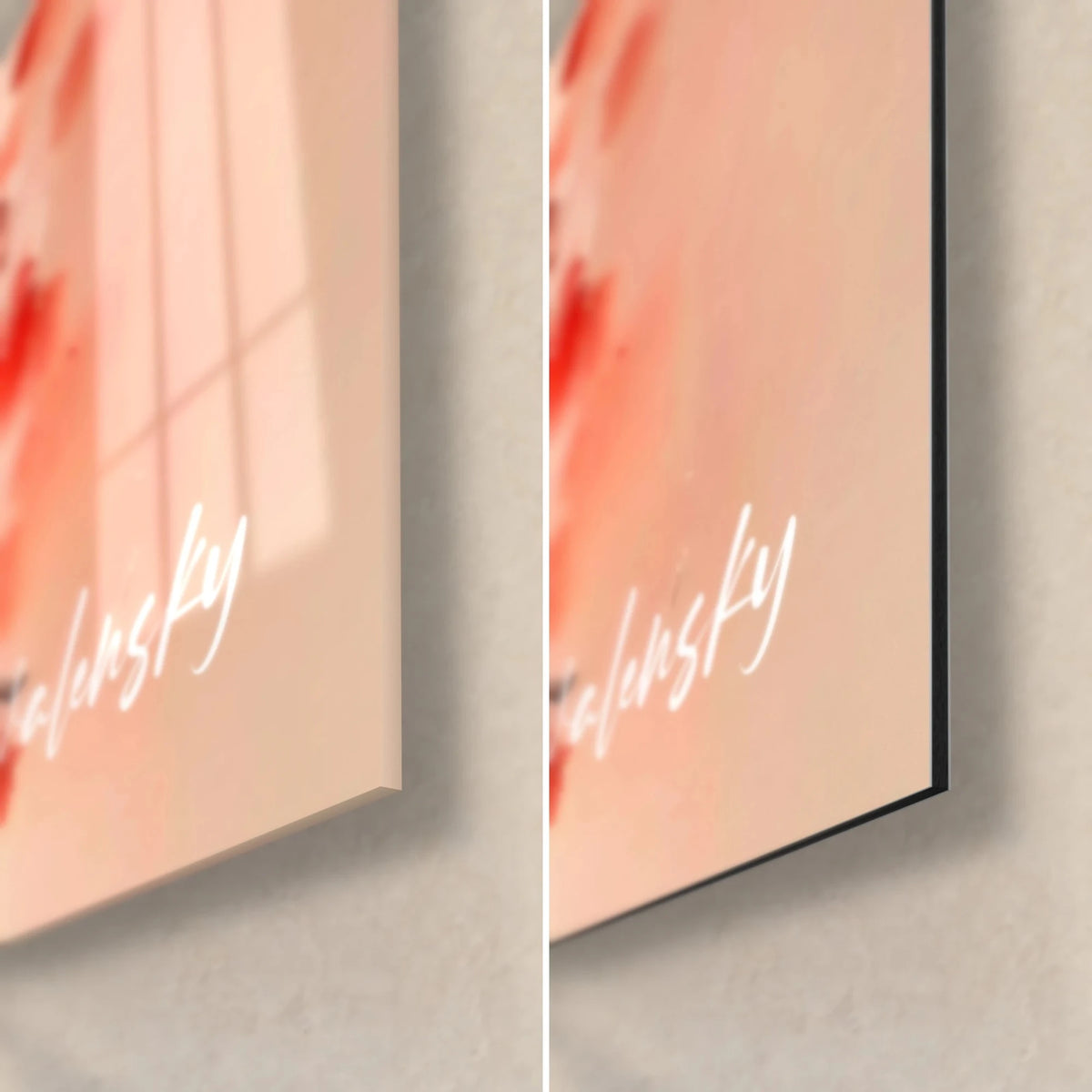 Wall art geisha in a scarlet kimono, bottom right corner, glossy glass with reflections and matte black Alu Dibond, visible 3 mm edge