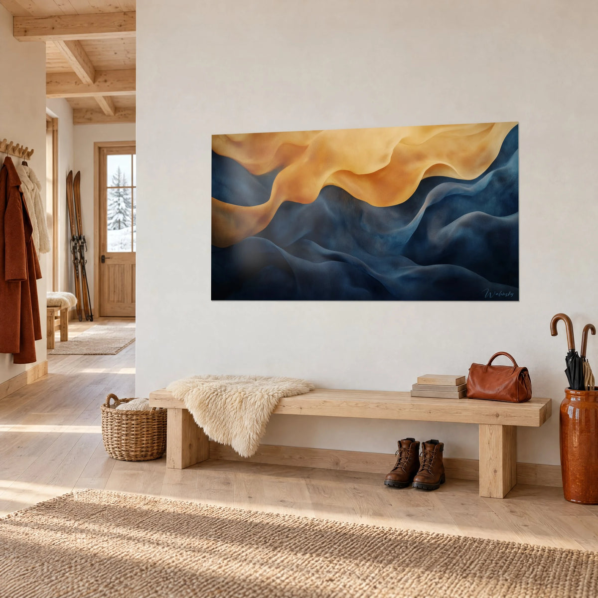 Tableau voile ambre flottant sur vagues bleu marine, accroché au-dessus d'un banc en bois clair dans une entrée de chalet
