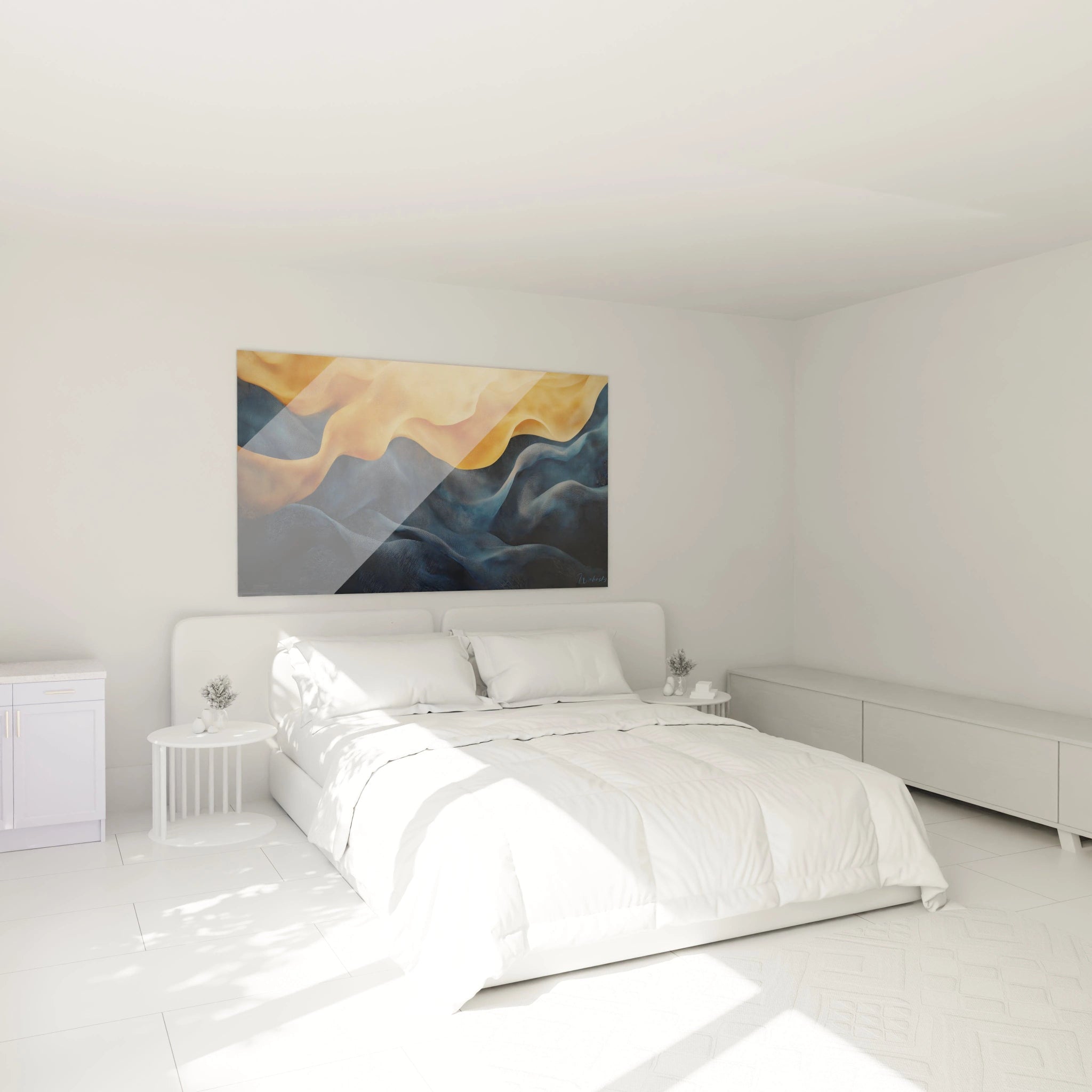 Tableau moderne abstrait de Walensky dans une chambre lumineuse avec des vagues dorées et bleues