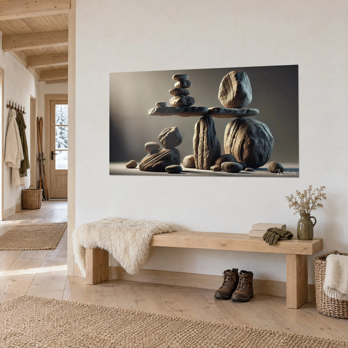 Gemälde mit aufgeschichteten Steinen auf flacher Platte in Taupegrau und warmem Braun, gegenüber einer Holzbank über einer Garderobe im Chalet-Stil