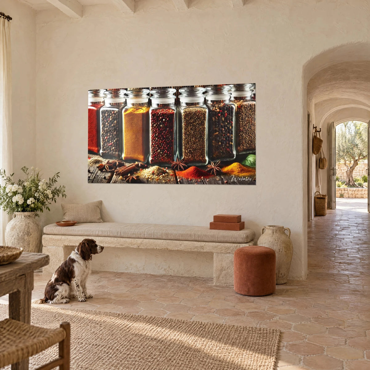 Schilderij van een rij kruidenpotjes, oranje saffraan en roze bessen, crèmekleurige muur, zittende spaniël, Provençaals landhuis