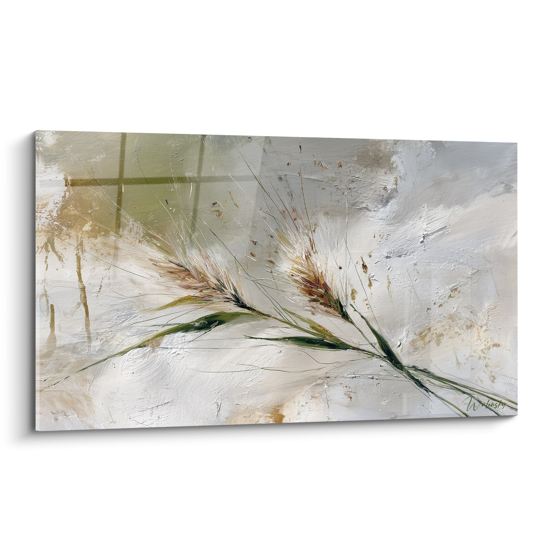 Tableau épis de blé dorés sur fond texturé beige vert, peinture contemporaine graminées style champêtre naturel
