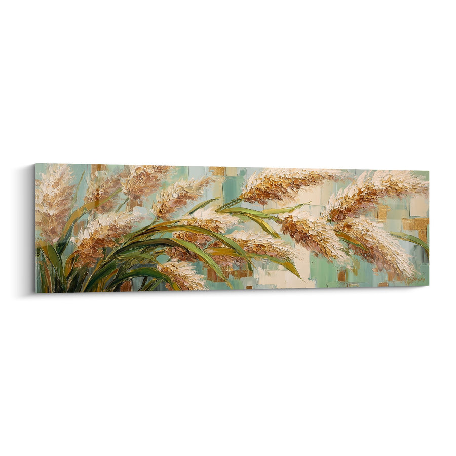 Tabelau gouden graanaren op een textuur achtergrond van turquoise en beige - Symfonie van het platteland - Graminée Editie