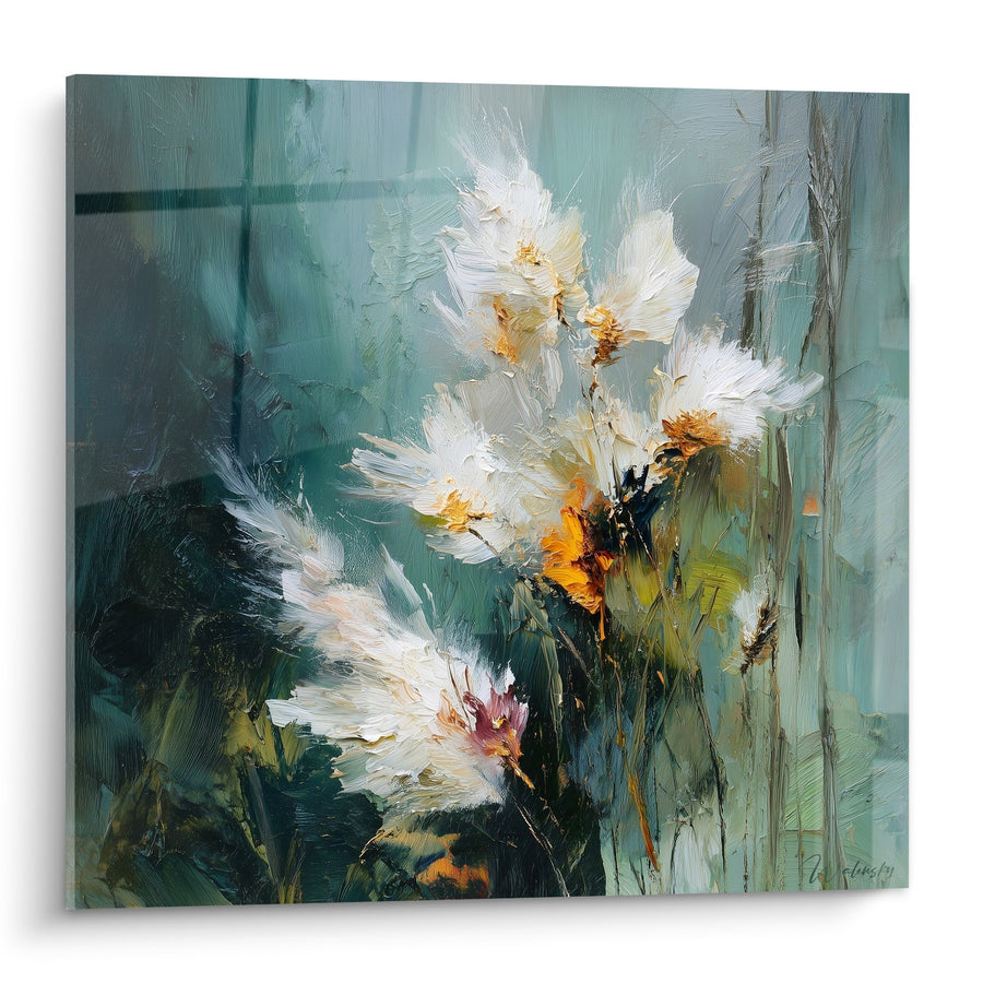 Tableau épis sauvages blancs et dorés sur fond turquoise expressif - Prairie aux nuances tendres - Edition Graminées