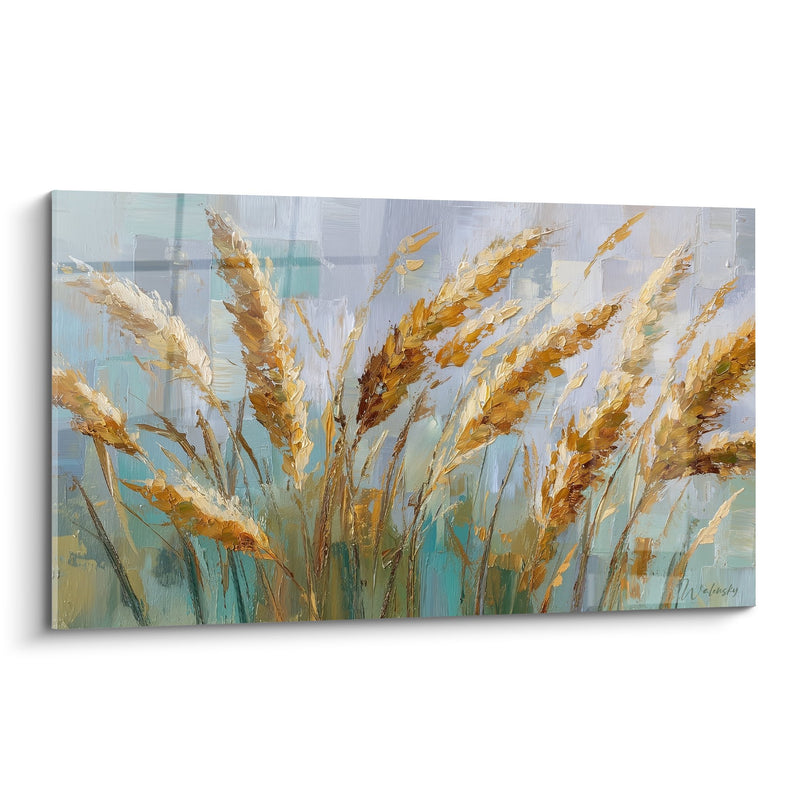 Tableau épis dorés sur fond bleu turquoise et beige - Moisson dorée - Edition Graminées