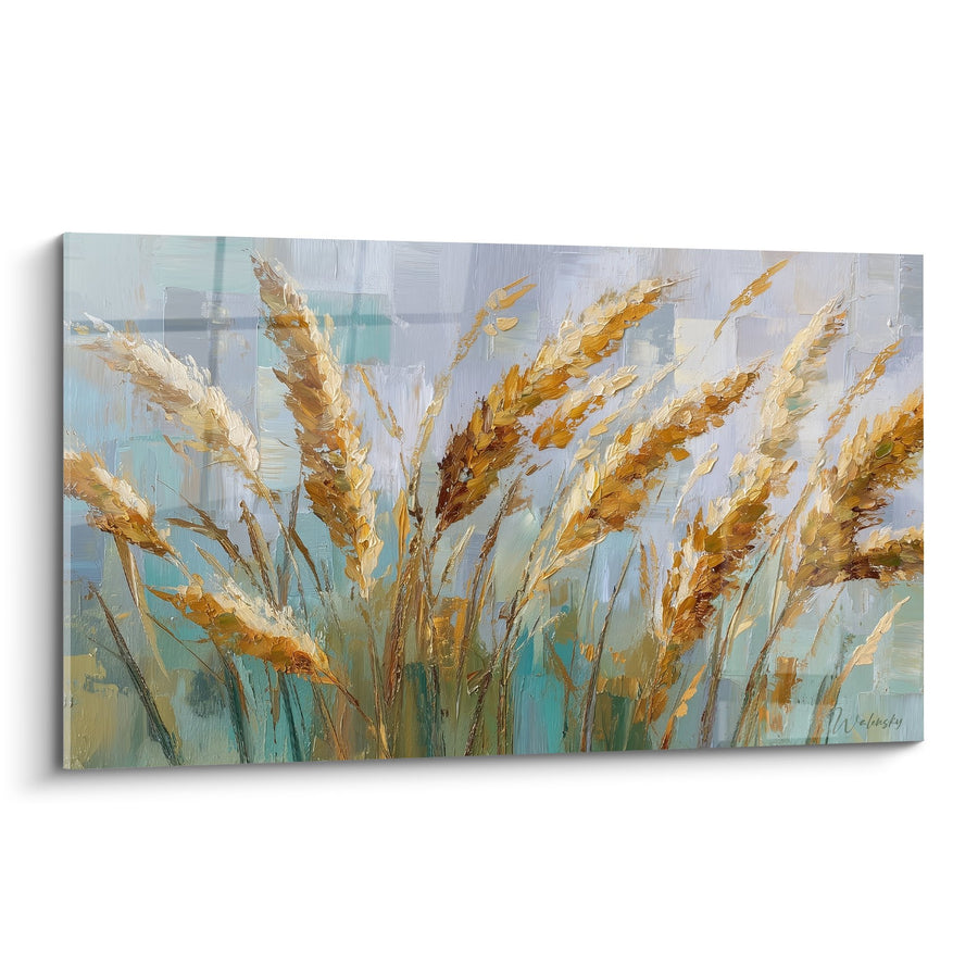 Tableau épis dorés sur fond bleu turquoise et beige - Moisson dorée - Edition Graminées