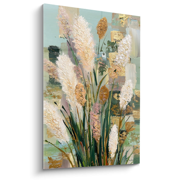 Schilderij met kleurrijke gouden en roze aren op een pastel abstracte achtergrond - Vegetale symfonie - Graslanden Editie