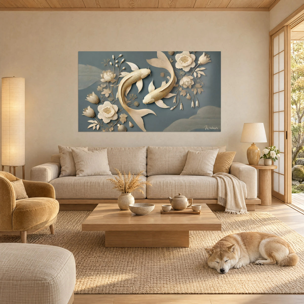 Tableau deux carpes koï dorées en relief sur fond bleu-gris, pivoines ivoire, Shiba endormi, au-dessus d'un canapé dans un salon lumineux
