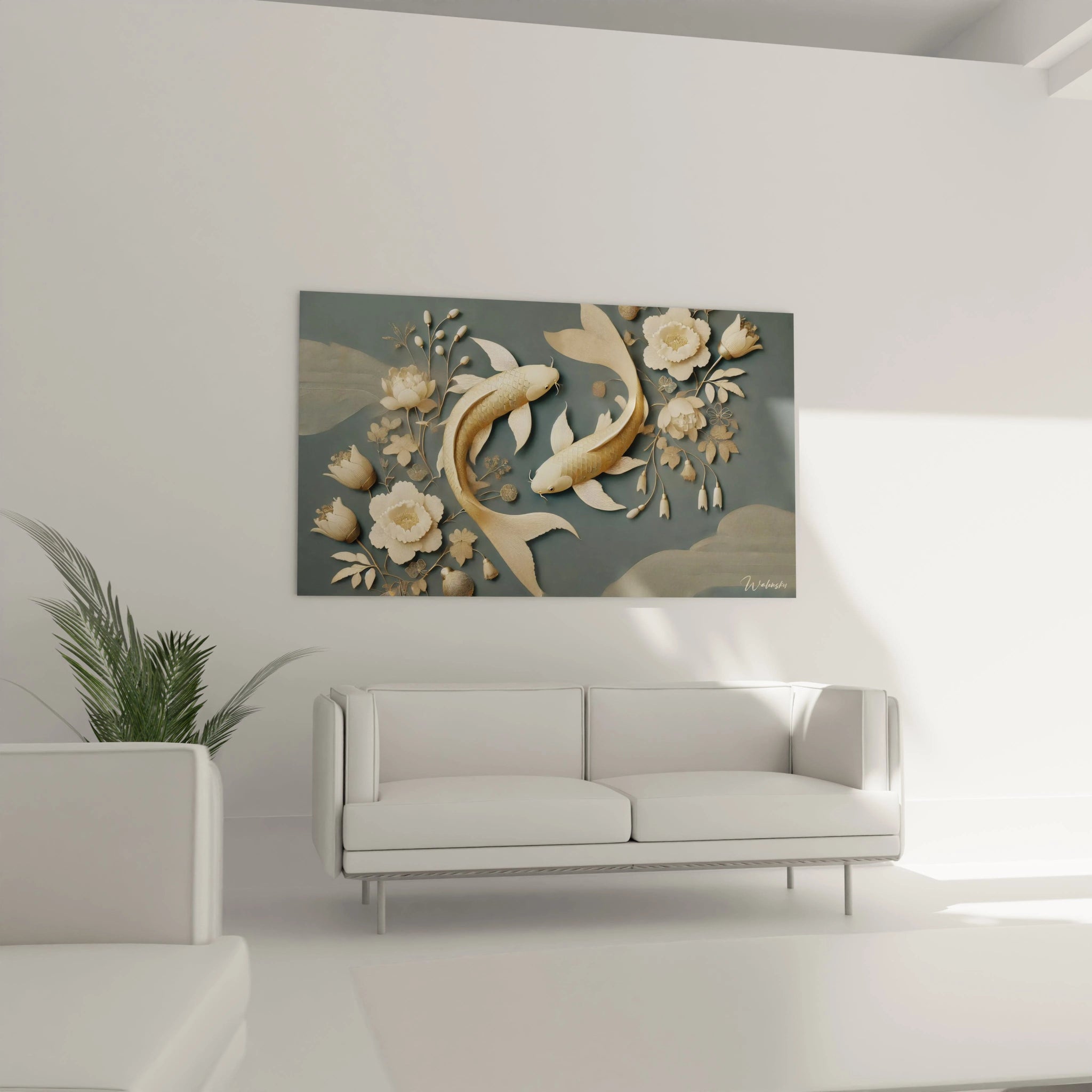 ce tableau poisson apporte une touche élégante à votre salon avec ses poissons dorés et ses fleurs délicates idéal pour un intérieur harmonieux et zen


