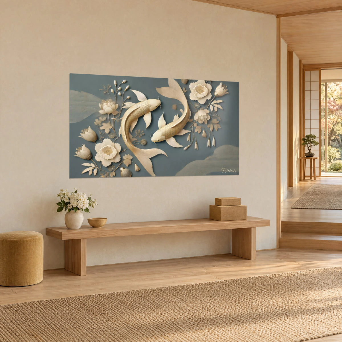 Quadro di coppia di carpe avorio e oro intrecciate, fiori crema e boccioli, parete beige e panca in legno chiaro, vista di tre quarti