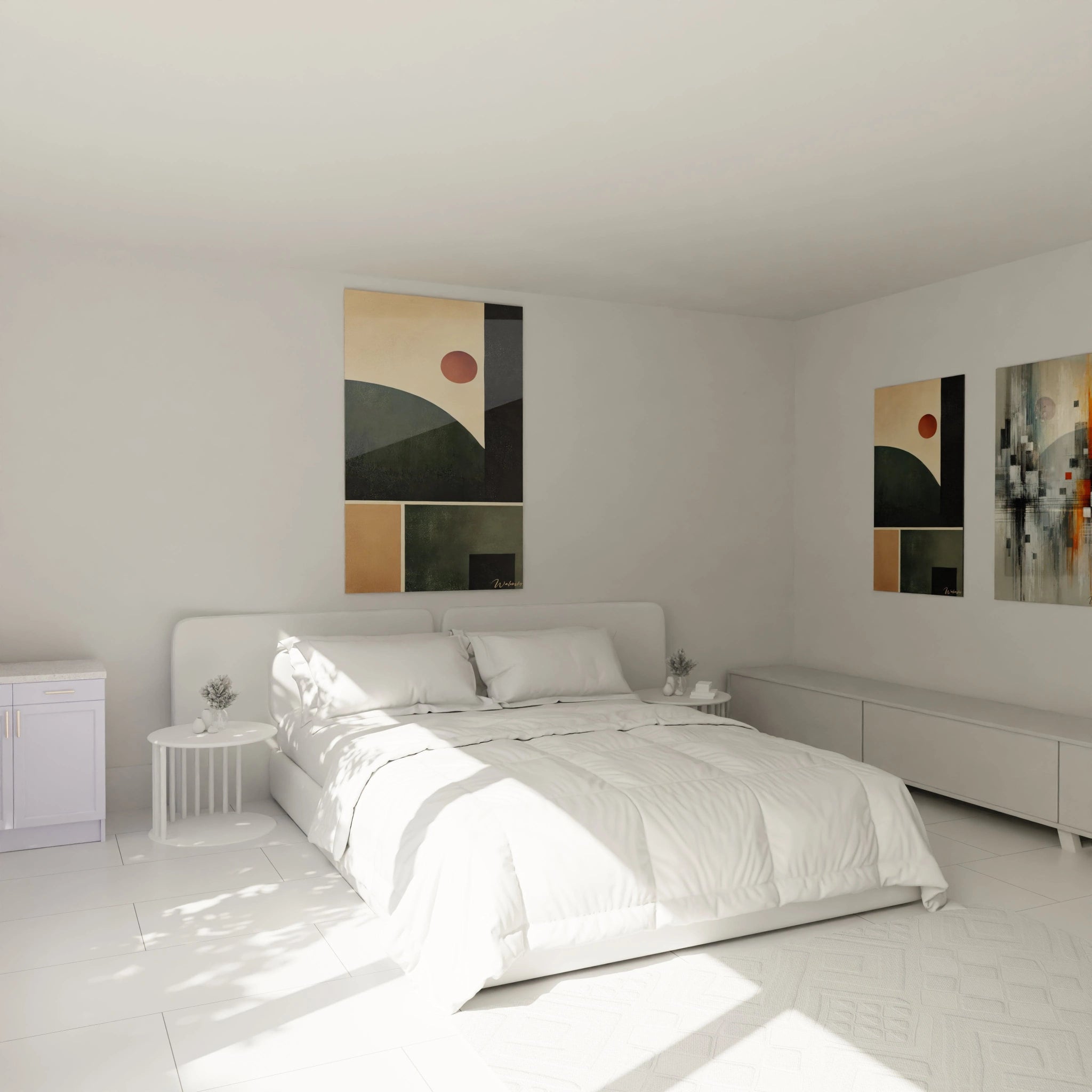 Un tableau apaisant au-dessus du lit : ses formes géométriques et ses couleurs terreuses créent un équilibre parfait. L'ajout idéal pour un espace zen. 🌅🛏️ Décoration Murale

