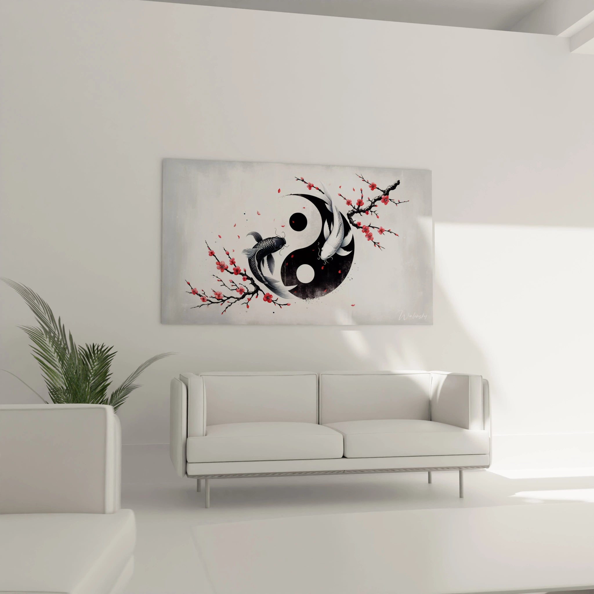 tableau asie carpes koï nageant en cercle accroché au mur au-dessus d’un canapé cerisier en fleurs noir blanc rouge

