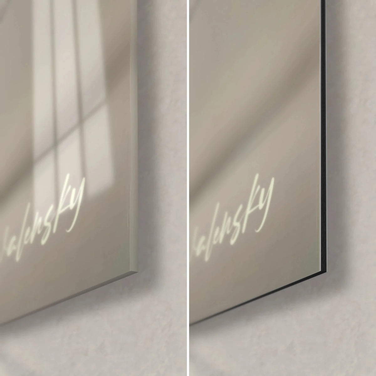 Gemälde Pastell-Steinturm im Gleichgewicht, untere rechte Ecke, glänzendes Acrylglas mit Reflexen links, mattschwarzes Alu-Dibond rechts