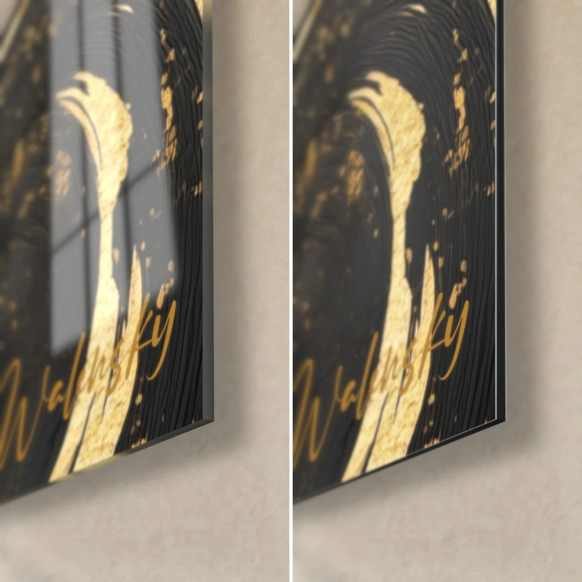 Tableau tourbillon noir strié d'or, coin bas droit en verre brillant à gauche et Dibond mat à droite, tranche de 3 mm