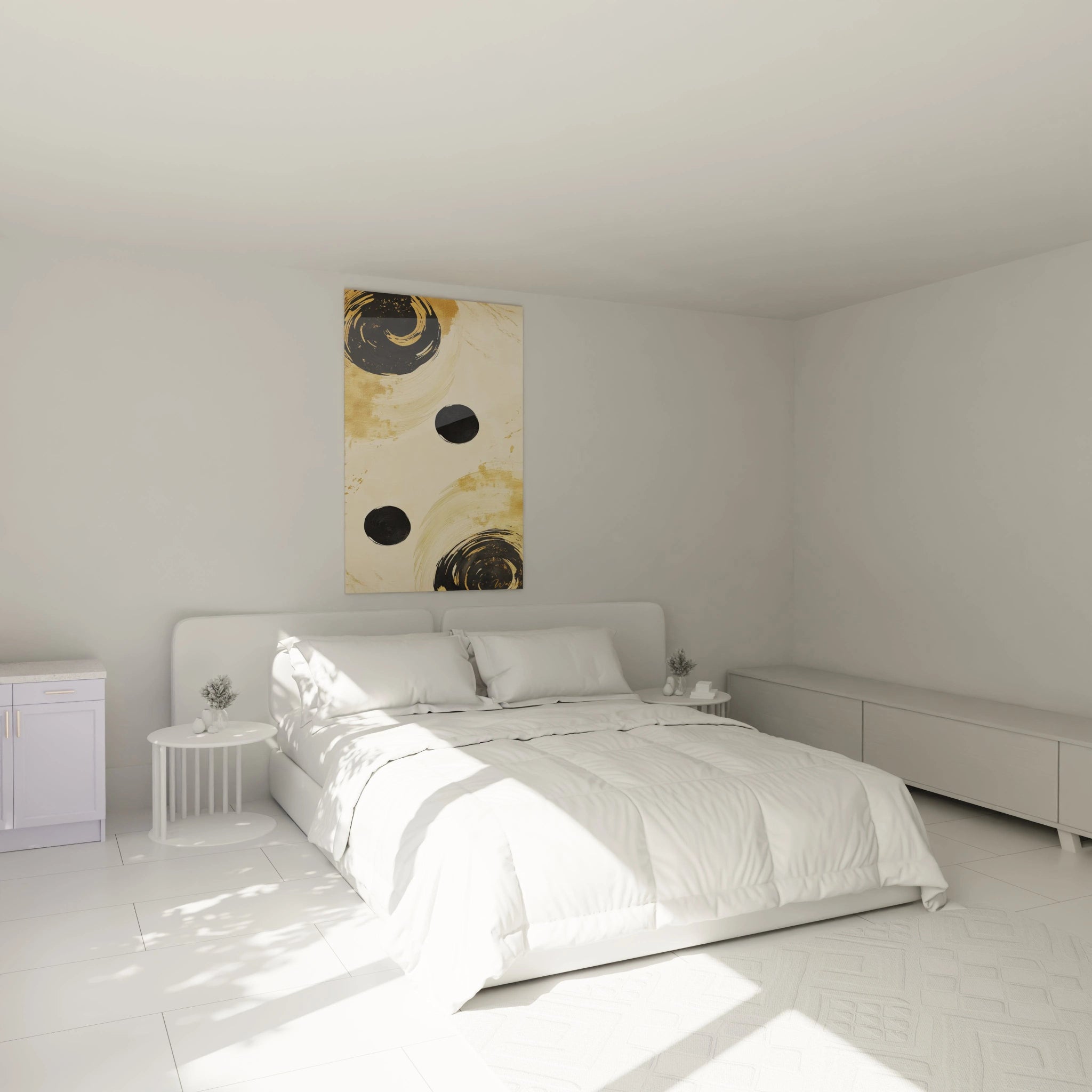 Tableau géométrique abstrait de Walensky avec des cercles noirs sur fond clair pour décorer une chambre