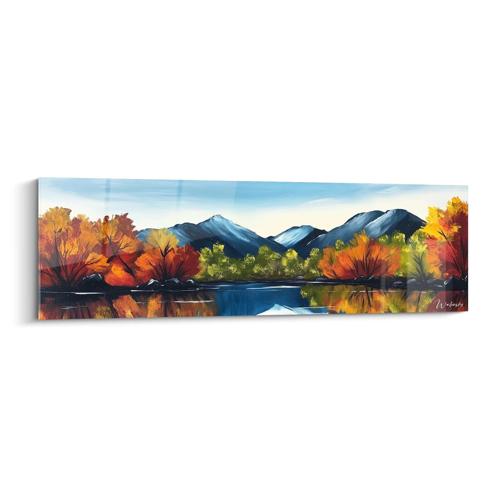 Un tableau montagne présentant un paysage automnal avec des arbres aux feuillages rouges et orangés bordant un lac calme qui reflète des sommets bleutés sous un ciel clair. Textures visibles dans les coups de pinceau expressifs et contrastes marqués entre couleurs chaudes et froides.
